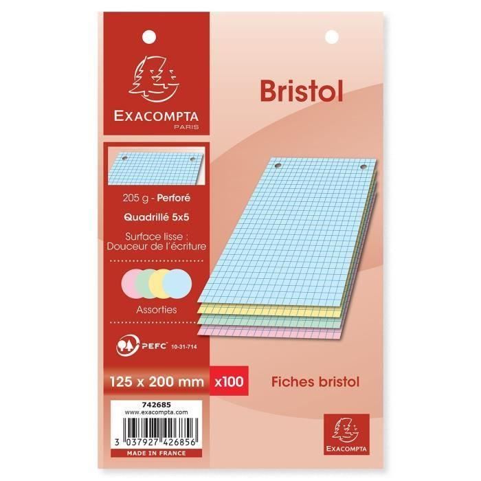 EXACOMPTA - 100 Fiches Bristol Couleurs - 4 coloris assortis - Perforées - 12,5 x 20 - 5x5 - Papier P.E.F.C 205G (Lot de 3)