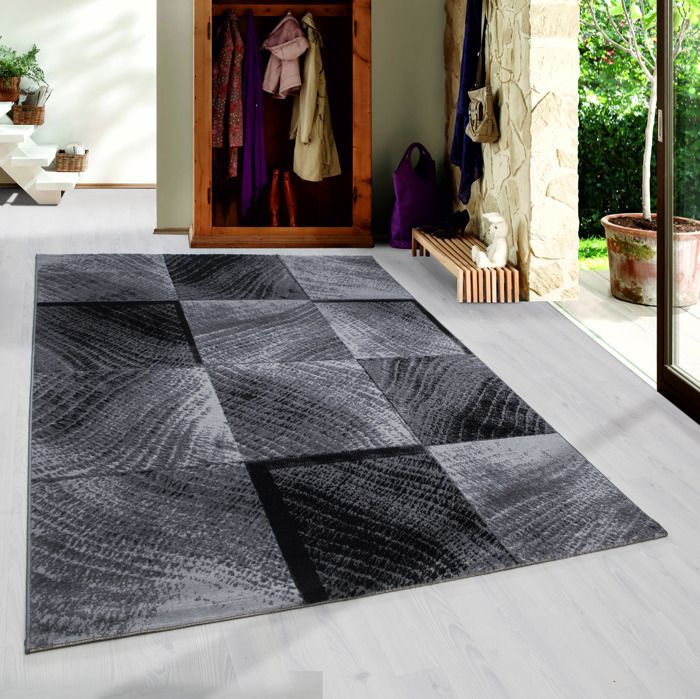 Moderne Shaggy Tapis Vérifié Arbre écorce Salon Gris Noir