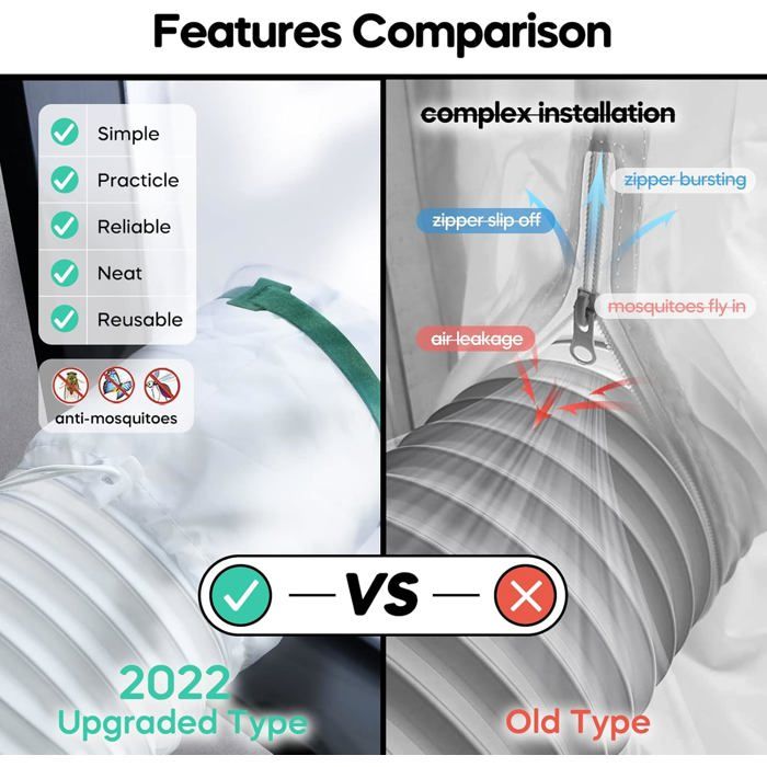 Comparaison visuelle entre deux types de joints. À gauche : 2022 Upgraded Type avec des coches pour Simple, Practical, Reliable, Neat, Reusable, et un pictogramme anti-moustiques. À droite : Old Type avec des