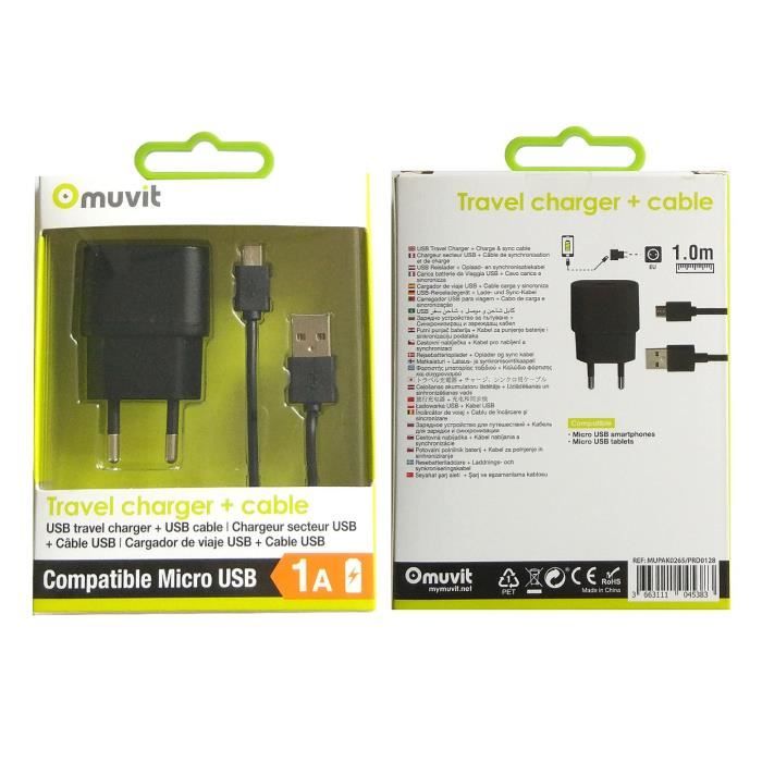 MUVIT SPRING Pack Chargeur SECTEUR 1USB 1A+Câble MICRO USB 1M 1A Noir
