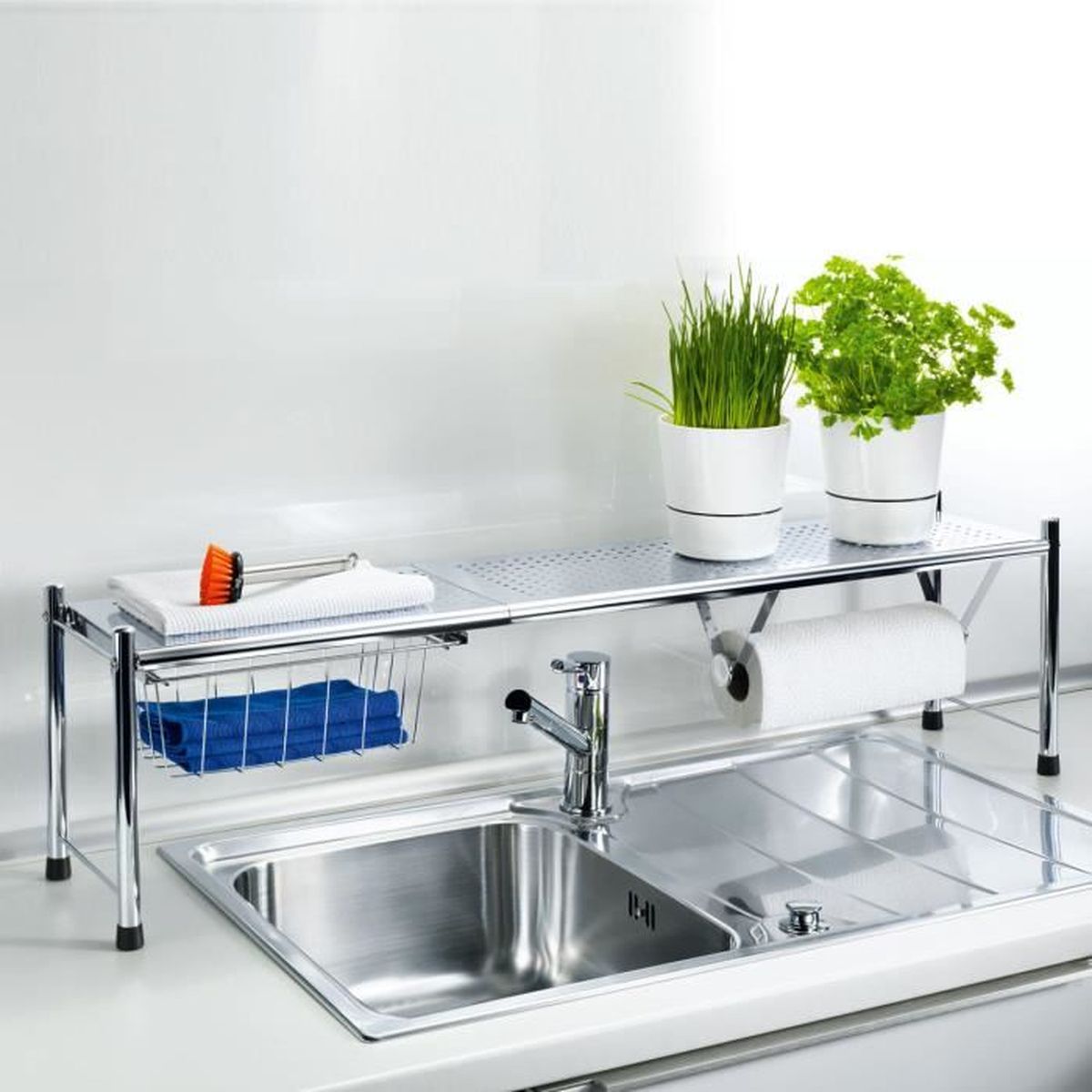 Étagère Télescopique Métal Sous évier - Organisateur De Lavabo Pour Cuisine, Salle De Bain, Bureau, Réglable En Largeur Et Hauteur - 11