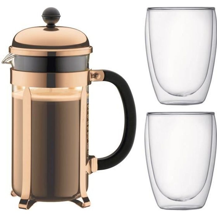 BODUM CHAMBORD Set cafetière à piston - 8 tasses - 1L -Marron - Avec 2 verres double paroi Pavina 0,35l