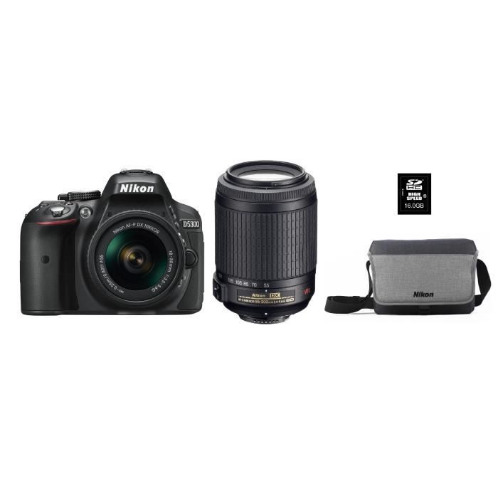 NIKON D5300 Appareil photo Reflex + Objectif AF-P DX NIKKOR 18-55 + 55-200VR + Carte 16Go + Sacoche - Noir