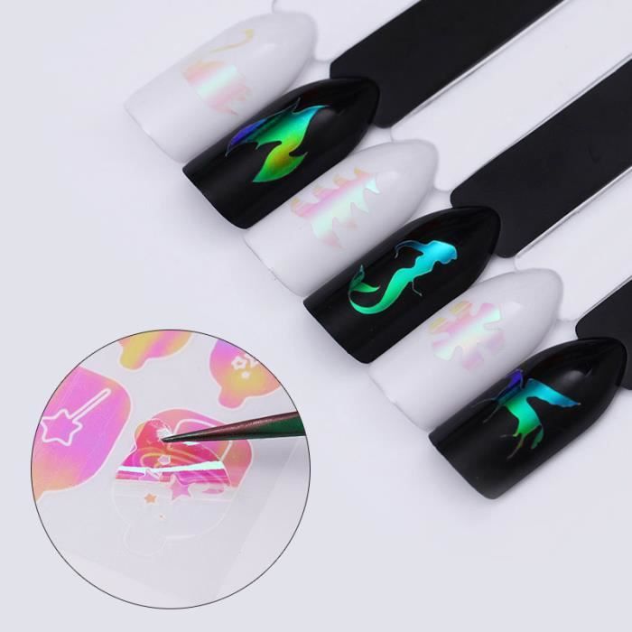 Kit de stickers ongles nail art 24 Feuilles Pochoir Ongles AB Couleur Nail Vinyls Noël Licorne Nail Art Creux 3D Adhésif