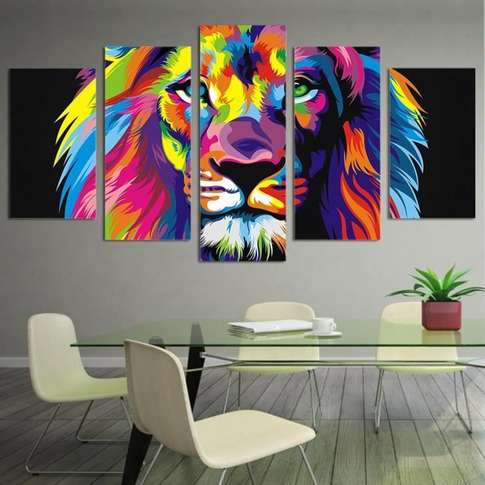 Toile Peinture 5 Panneaux Imprimés Colorés Lion Moderne Affiche