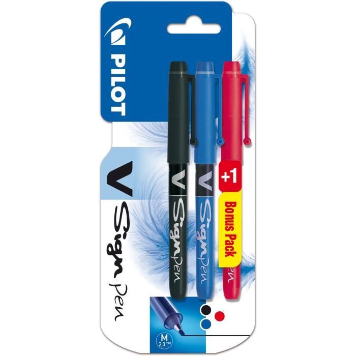 PILOT - Feutre d'écriture V-SIGN PEN - Encre noire / bleue + 1 BONUS PACK Rouge