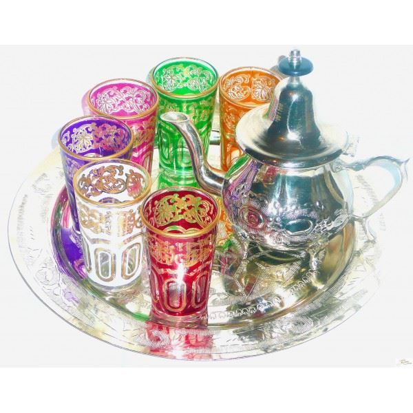 Service à Thé Marocain Complet – Théière 400 Ml, 6 Verres Colorés, Plateau 30 Cm Gravé, Style Ethnique