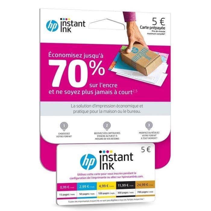 HP Carte Instant ink avec Forfait jusqu'à 15 pages/mois gratuites - Recevez un crédit de 5€ sur votre compte*