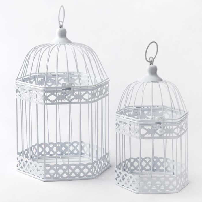 Lot De 2 Cages à Oiseaux Déco Forme Hexagonale Blanche