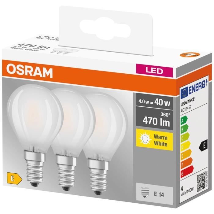 OSRAM Lot de 3 Ampoules LED E14 spherique depolie 4 W equivalent a 40 W blanc chaud