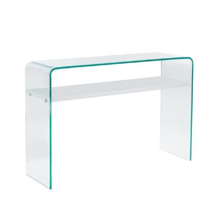 CLEAR Console style contemporain en verre trempé transparent laqué blanc brillant - L 110 cm