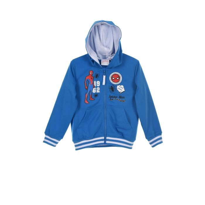 SPIDERMAN Sweat à Capuche Zippé Bleu Sérigraphié Enfant Garçon