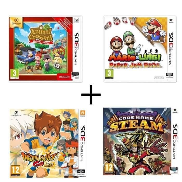 Pack 4 jeux 3DS : Animal Crossing New Leaf Welcome Amiibo + Mario & Luigi Paper Jam + Code Name : STEAM + Inazuma Eleven Go Lumière