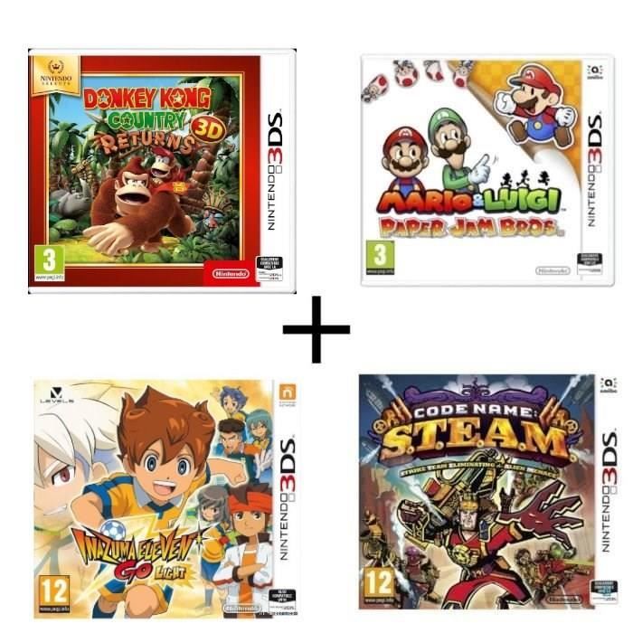 Pack 4 jeux 3DS : Donkey Kong Country Returns + Mario & Luigi Paper Jam + Code Name : STEAM + Inazuma Eleven Go Lumière