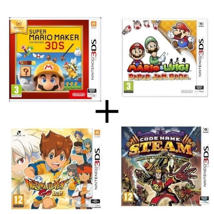 Pack 4 jeux 3DS : Super Mario Maker + Mario & Luigi Paper Jam + Code Name : STEAM + Inazuma Eleven Go Lumière