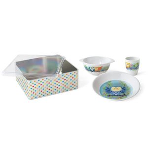 PLASTOREX Coffret Repas mélamine blanche décor Famille Chouette (assiette, bol, gobelet) sous boîte métallique décorée