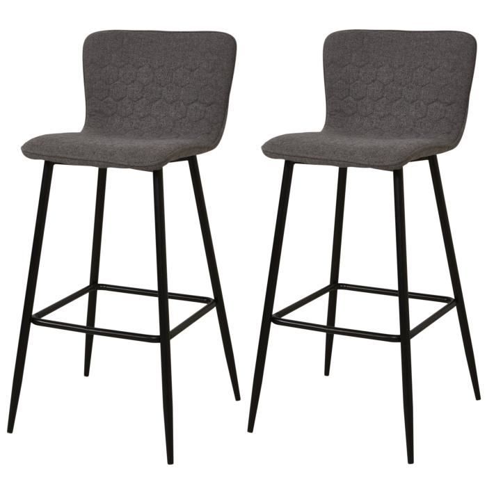 VEGAS Lot de 2 tabourets de bar pieds métal noir - Revêtement tissu gris - Style contemporain - L46 x P46 cm