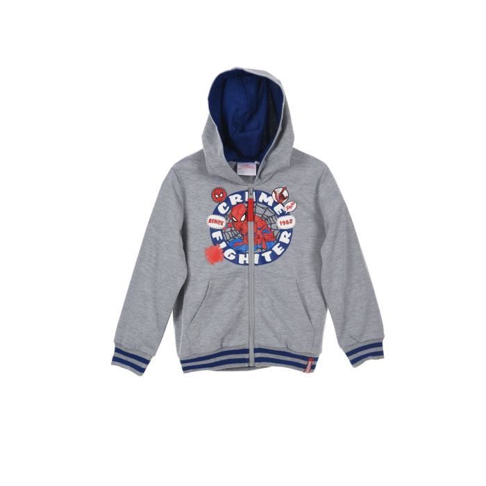 SPIDERMAN Sweat à Capuche Zippé Gris Sérigraphié Enfant Garçon