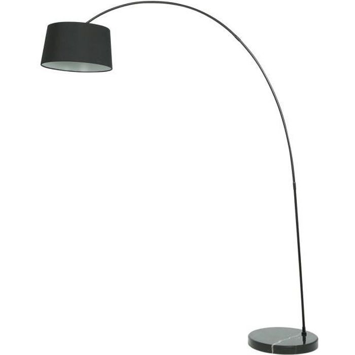 Lampadaire arc metal avec abat jour tissu E27 60W base marbre diametre 30 cm noir