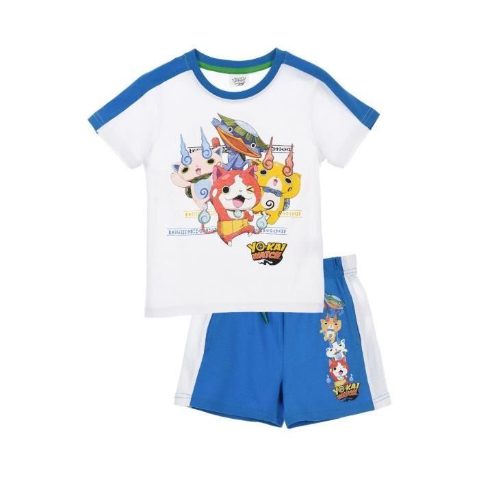 YOKAI WATCH Ensemble Short + T-shirt Manches Courtes Blanc Sérigraphié Enfant Garçon