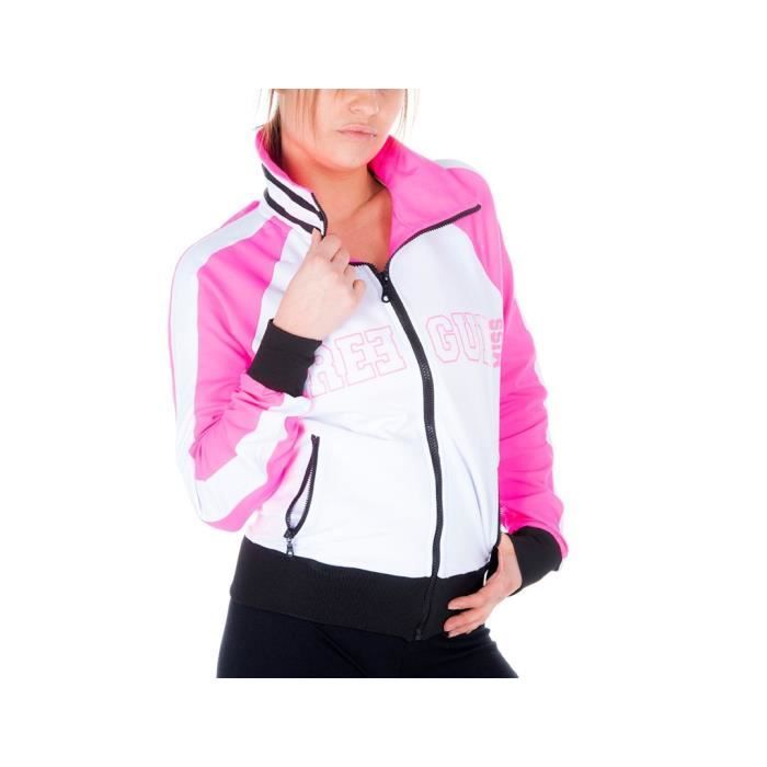 FREEGUN Veste Sweat Zippée Blanc et Rose Fuchsia Femme
