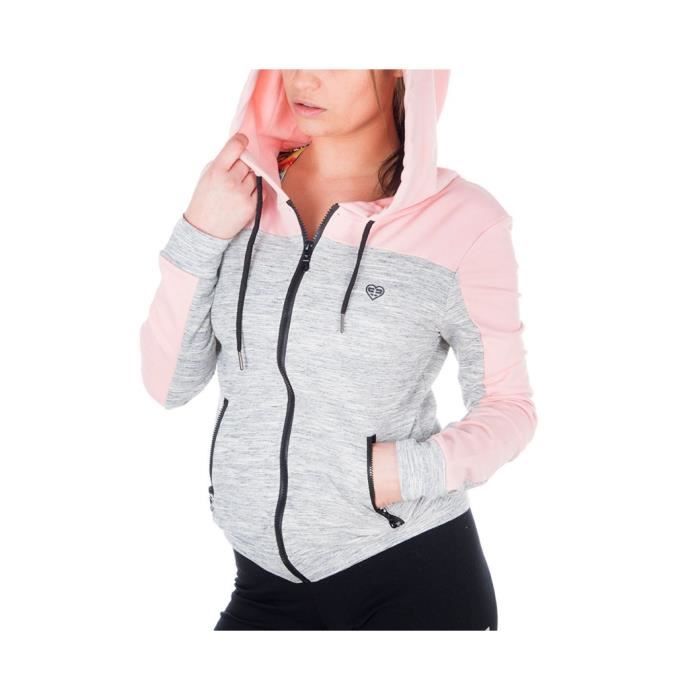 FREEGUN Veste Sweat Zippée Gris Chiné et Rose Poudré Femme