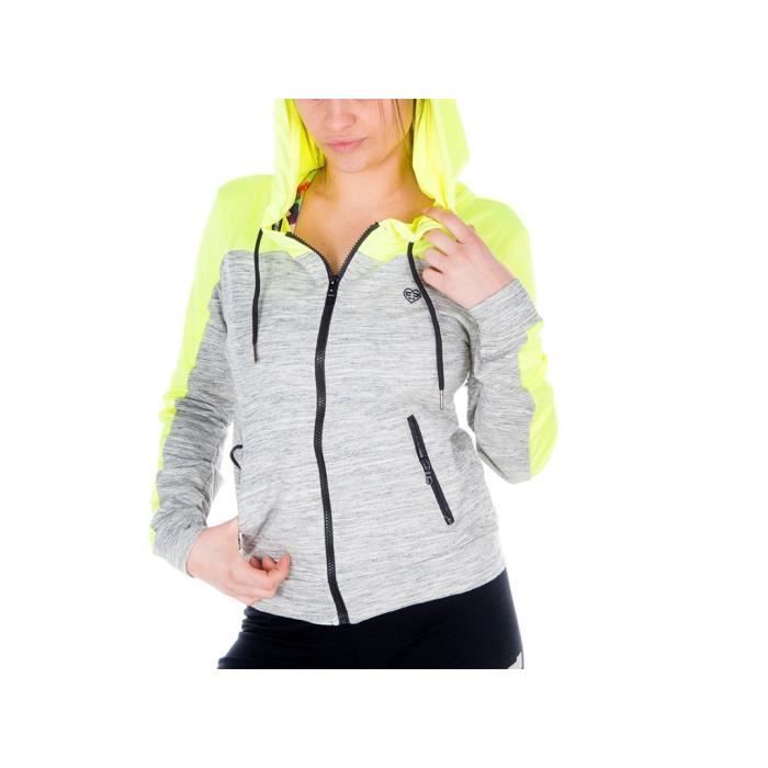 FREEGUN Veste Sweat Zippée Gris Chiné et Vert Fluo Femme