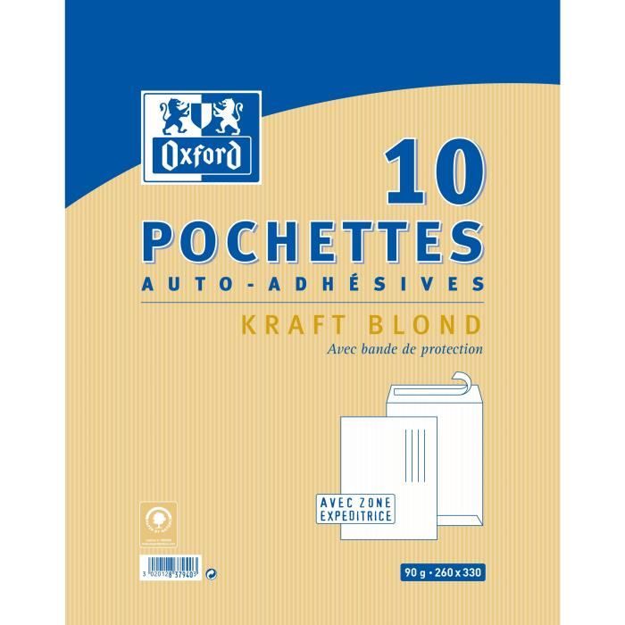 OXFORD 10 Pochettes auto-adhésives kraft - 33 cm x 26 cm x 0,5 cm