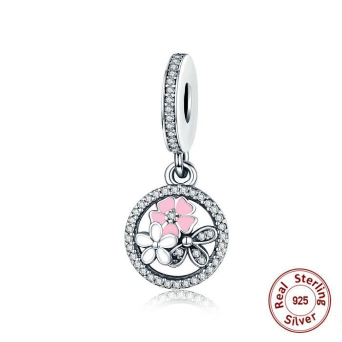 Charmes Pendentif Fleurs Argent 925 Mode Diamants Rose Fleurs Charms Pendentif Compatible Pandora Bracelet