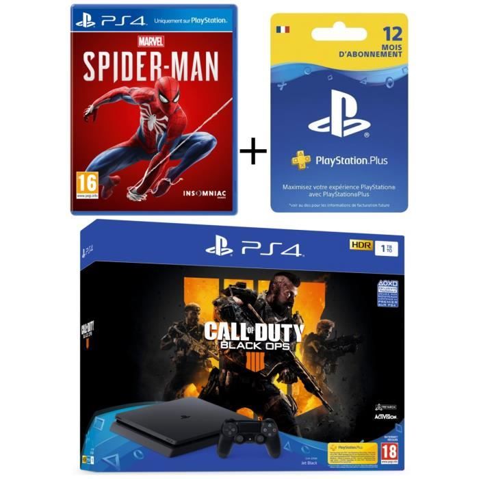Pack PS4 1 To Noire + 2 Jeux : Call of Duty Black Ops 4 + Marvel's Spider-Man + Abonnement PlayStation Plus 12 Mois