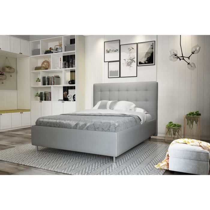 FINLANDEK Lit adulte TYYLI contemporain en simili gris + pieds métal - l 140 x L 190 cm