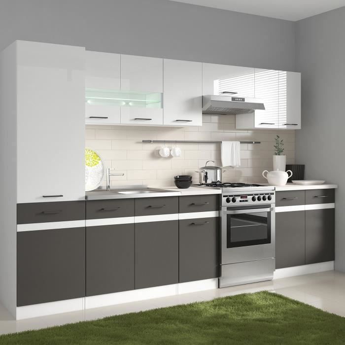 JUNONA Cuisine complète avec LED et plan de travail L 2m40 - Blanc brillant et gris