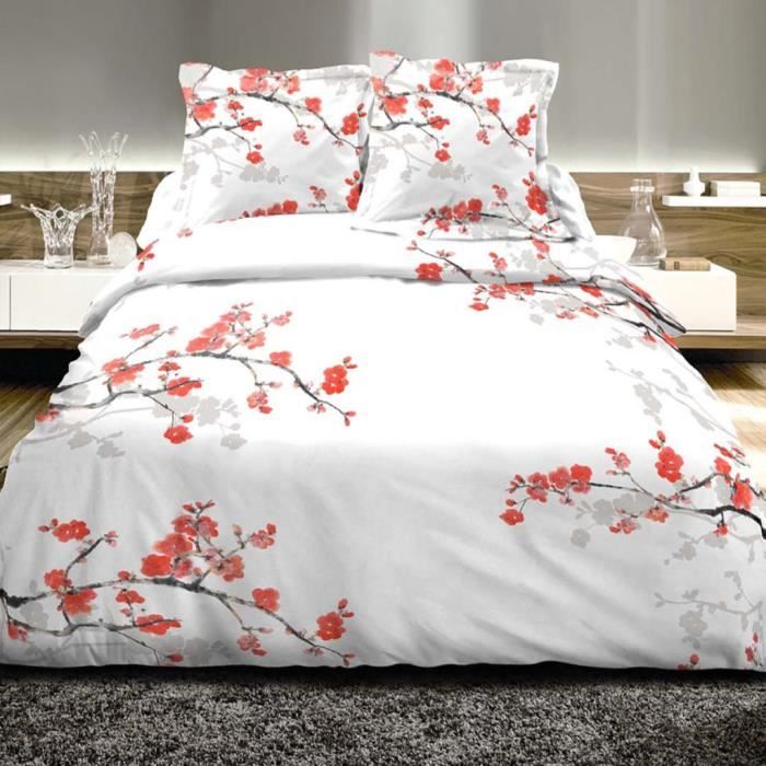 Parure de couette 100% coton cerisier Sakura - Rouge ...