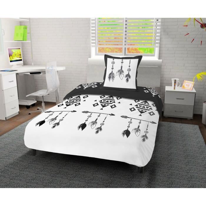 SOLEIL D' OCRE Parure de couette Apache 100% coton - 1 housse de couette 140 x 200 cm + 1 taie d'oreiller - Blanc