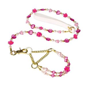 QUARTZ Parure - Ensemble de laisse et de collier pour chien rose et perle - Tour de cou : 24 ? 32cm - Longueur 104cm