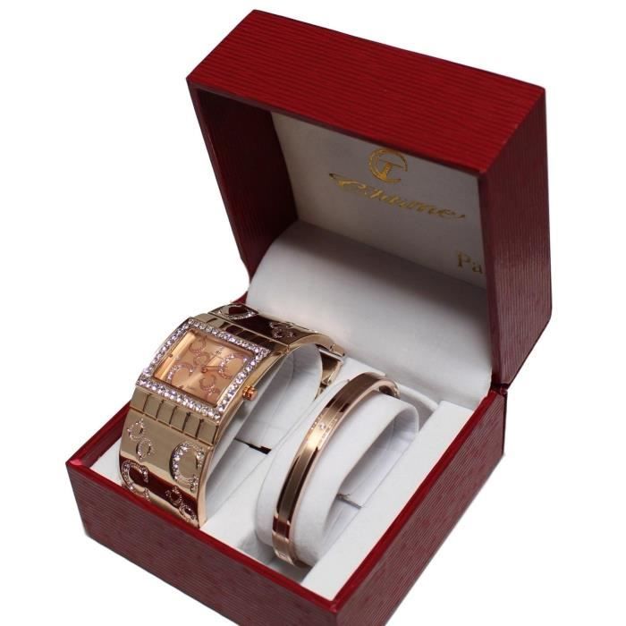 coffret montre femme bijoux gold rose strass + bracelet jonc cuivré collection dolce vita