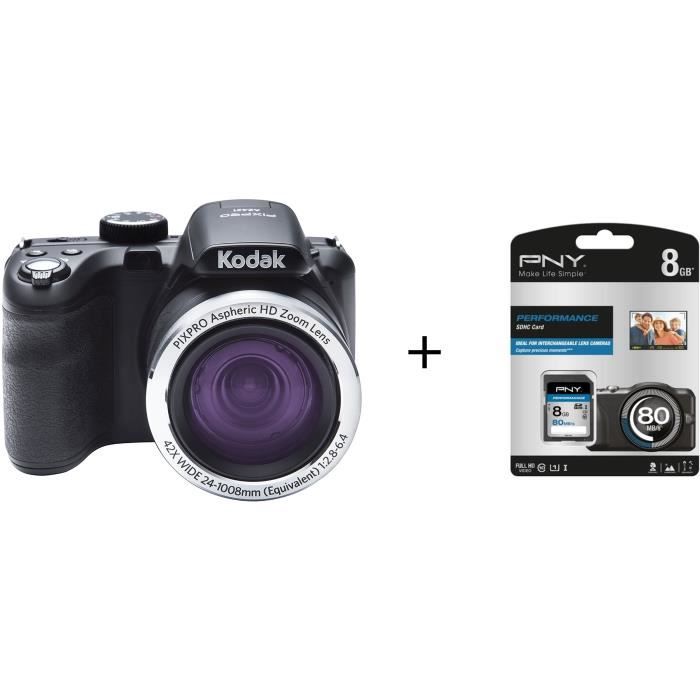 Pack KODAK AZ421 Zoom X42 Appareil photo numérique - Noir + Carte mémoire SDHC 8 Go