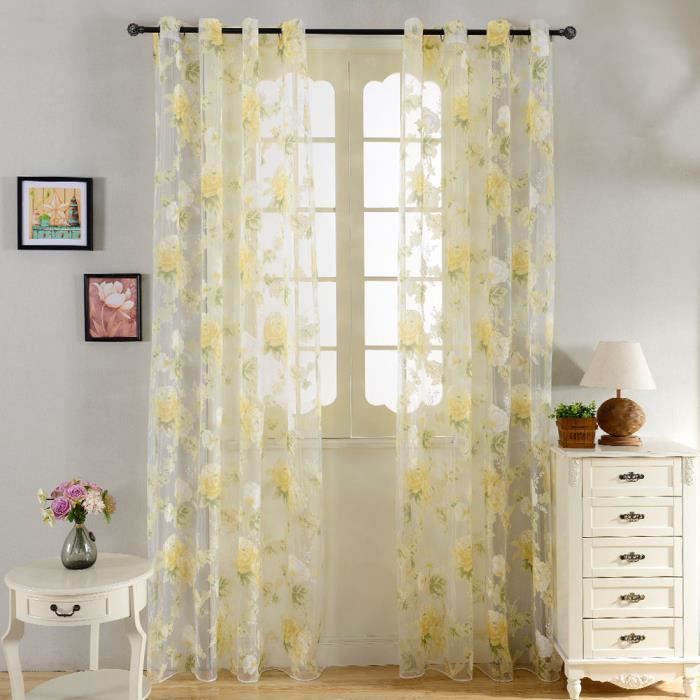 Rideaux Voilages à oeillets Imprimés Motifs Rose Jaune 300x250cm ... Rideaux Voilages à oeillets Imprimés Motifs Rose Jaune 300x250cm ...