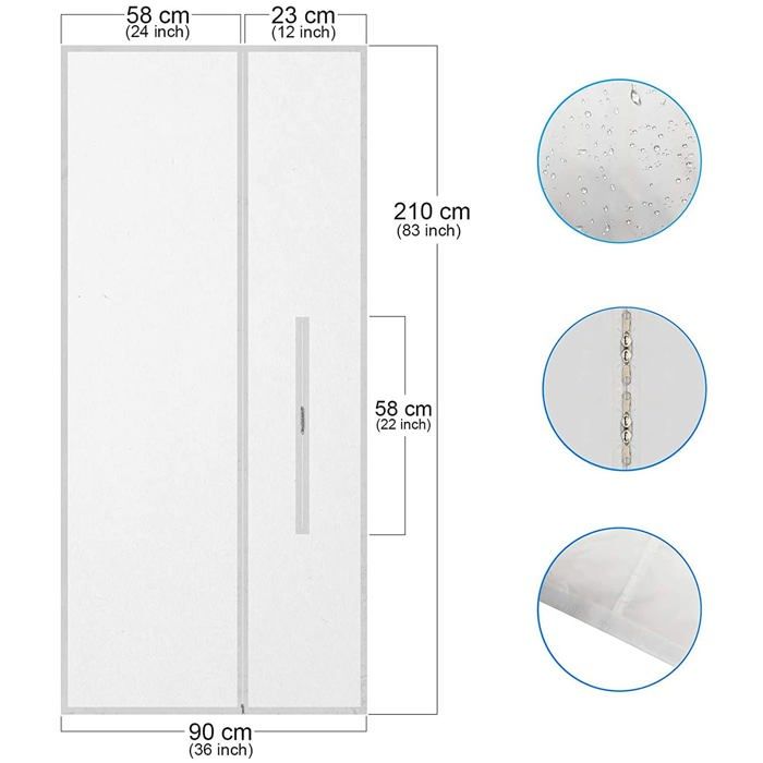 Schéma technique du joint de porte blanc avec annotations de dimensions : hauteur totale 210 cm, largeur totale 90 cm, largeur du panneau gauche 58 cm, largeur du panneau droit 23 cm, hauteur de la fente centrale 58 cm. Détails agrandis : imperméabilité, fermeture éclair, couture du bas.