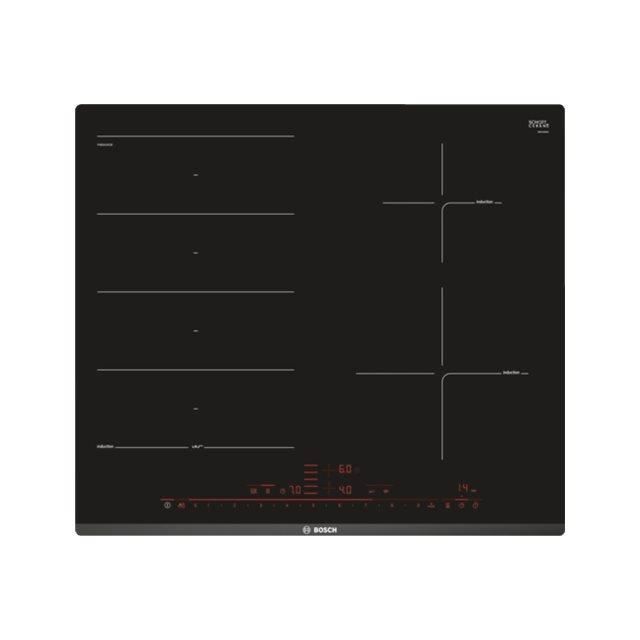 BOSCH PXE631DE3E Table de cuisson induction - 4 zones - 7,4 kW - L60,6 x P52,7cm - Revêtement verre - Noir