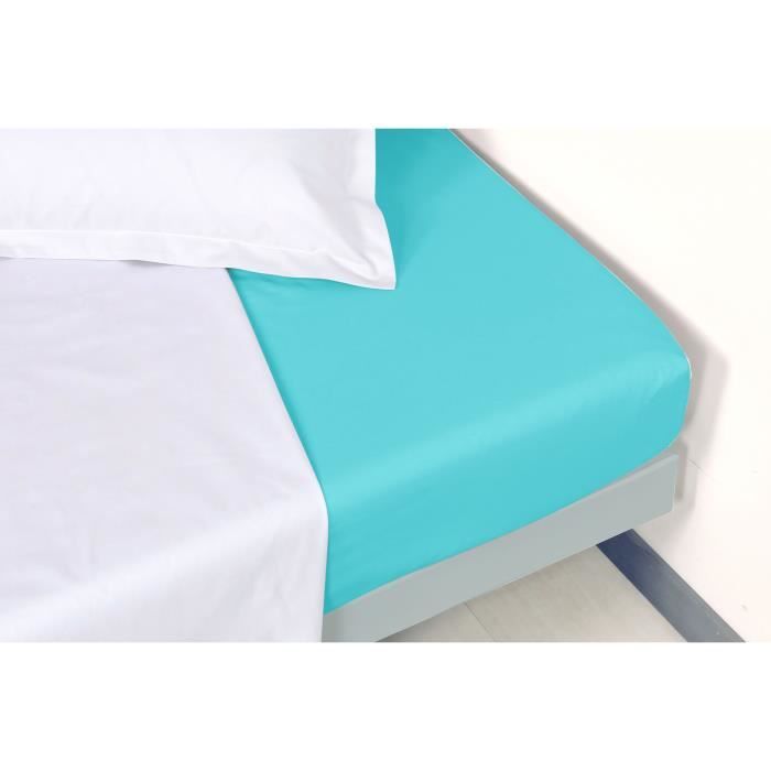 VENT DU SUD Drap housse MANOIR 100% coton percale - 180x200 cm - Bleu lagon
