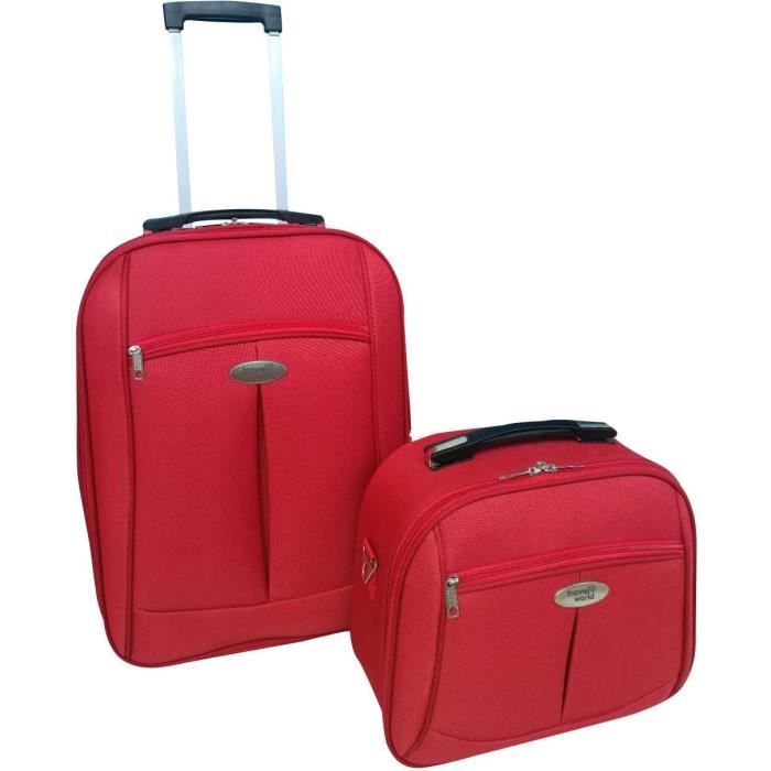 TRAVEL WORLD-TW00091-2RED - Ensemble de 2 pièces: valise cabine 55cm + vanity case avec 1 kit de 3 flacons de voyage de 100ml - Coul