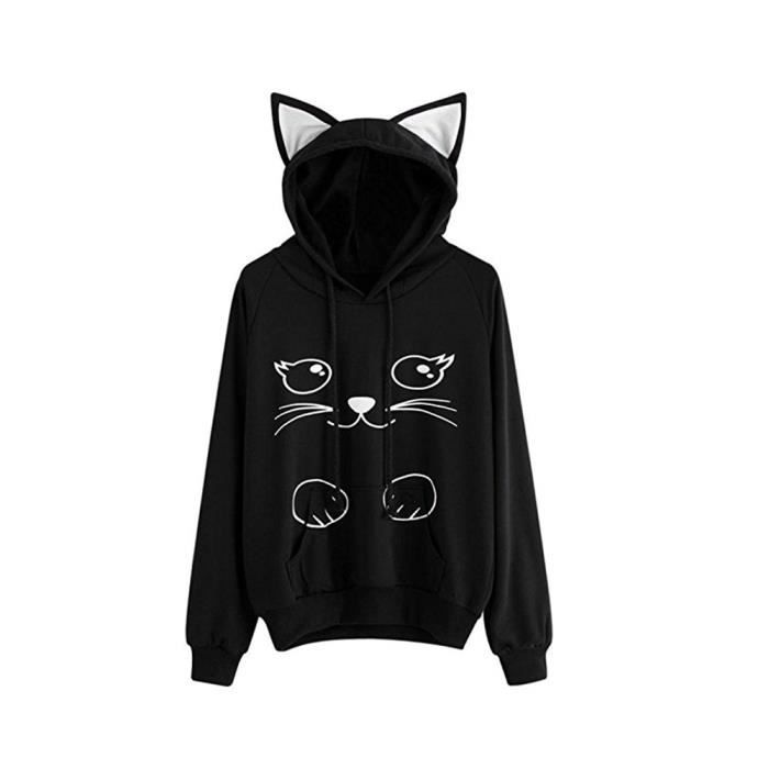 Shirt Imprimé Belle Noir Sweats À Sweat AmourFemme Capuche Automne Chat D9WH2EIY