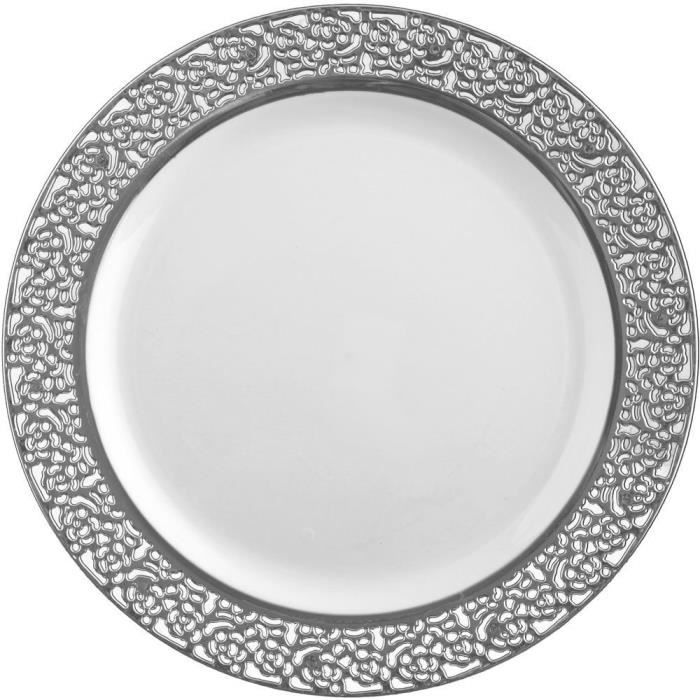 assiette jetable blanc avec bord en dentelle argenté- assiette