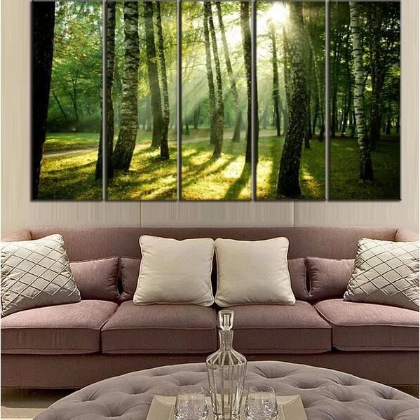 5 Panneaux Imprimés Peinture Toile Bois Vert Forêt Paysage Art Mur