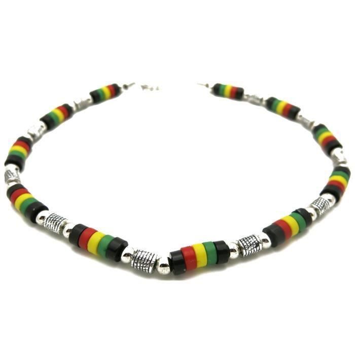 Collier Rasta Reggae Surf Bois De Coco - 41cm Longueur, Élastique - Homme/Femme