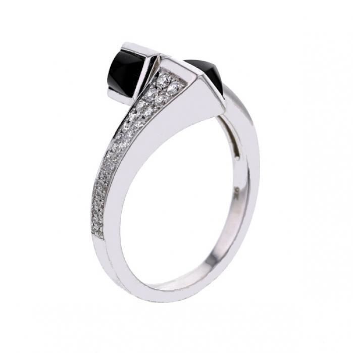 MONTE CARLO STAR Bague Toi et moi Or Blanc 375° Diamants 0,24 ct et Onyx noir et Femme