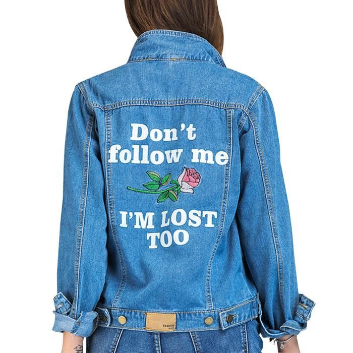 Vogue Veste Jacket Blouson Denim Femme Imprimé Jean En Lettre Bleu HTq0w1w