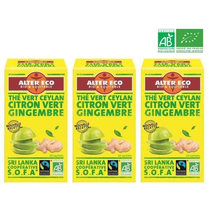 Lot de 3 ALTER ECO Thé Vert Citron Vert Gingembre Bio 40g