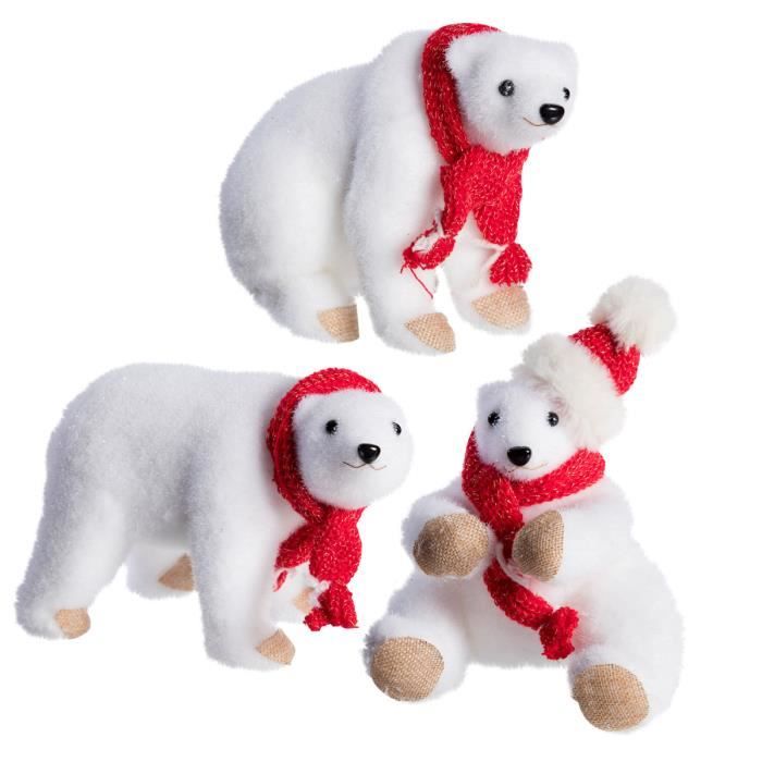 Lot de 3 ours blanc déco Noël en mousse avec écharpe rouge ...